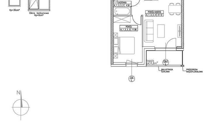 Rzut - Mieszkanie na sprzedaż 2 pokoje o powierzchni 41,98 m² - numer A.1.3.3 w Forma