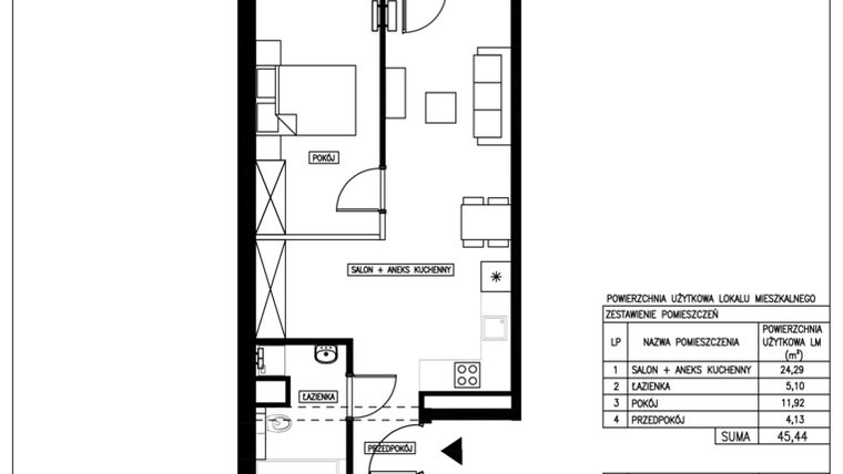 Rzut - Mieszkanie na sprzedaż 2 pokoje o powierzchni 45,44 m² - numer 58 w Nowa Kurkowa
