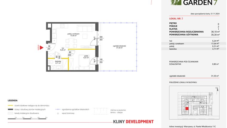 Rzut - Mieszkanie na sprzedaż 2 pokoje o powierzchni 36,1 m² - numer 2 w Nova Viva Garden 7