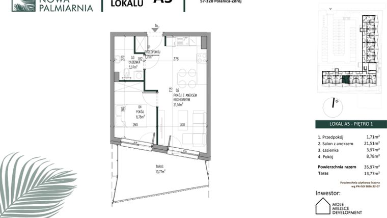 Rzut - Mieszkanie na sprzedaż 2 pokoje o powierzchni 35,97 m² - numer A05 w Nowa Palmiarnia