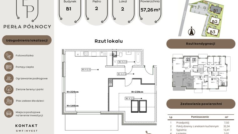 Rzut - Mieszkanie na sprzedaż 2 pokoje o powierzchni 57,26 m² - numer B1.2_2 w Perła Północy etap 2