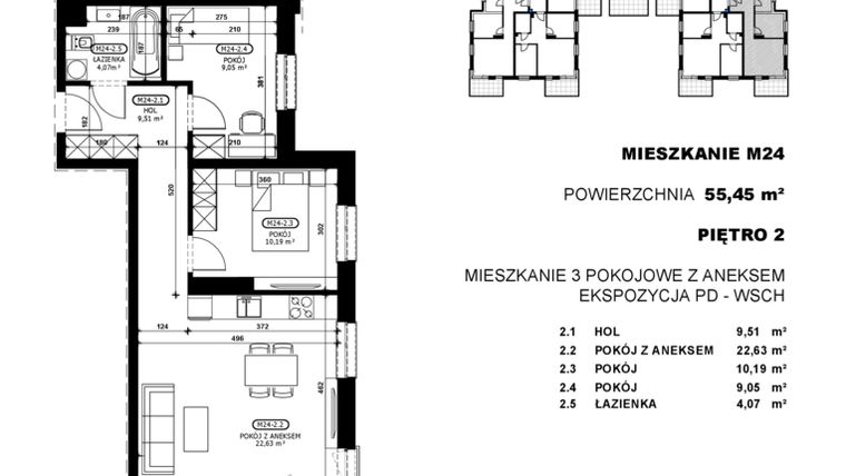 Rzut - Mieszkanie na sprzedaż 3 pokoje o powierzchni 55,45 m² - numer C2-M24 w Stacja Łódź V – etap C2