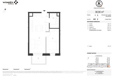 Rzut - Mieszkanie na sprzedaż 2 pokoje o powierzchni 38,9 m² - numer A/4/1.3 w Smardzewska 8