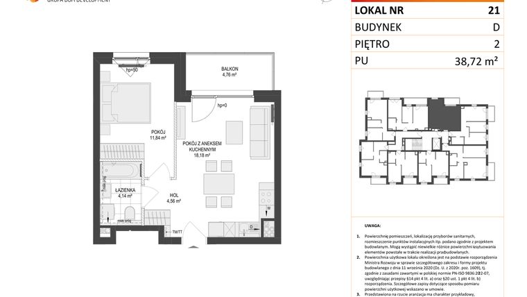 Rzut - Mieszkanie na sprzedaż 2 pokoje o powierzchni 38,72 m² - numer D.21 w Osiedle Warszawska etap II