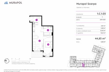 Rzut - Mieszkanie na sprzedaż 2 pokoje o powierzchni 44,83 m² - numer 1.C.1.03 w Murapol Scarpa
