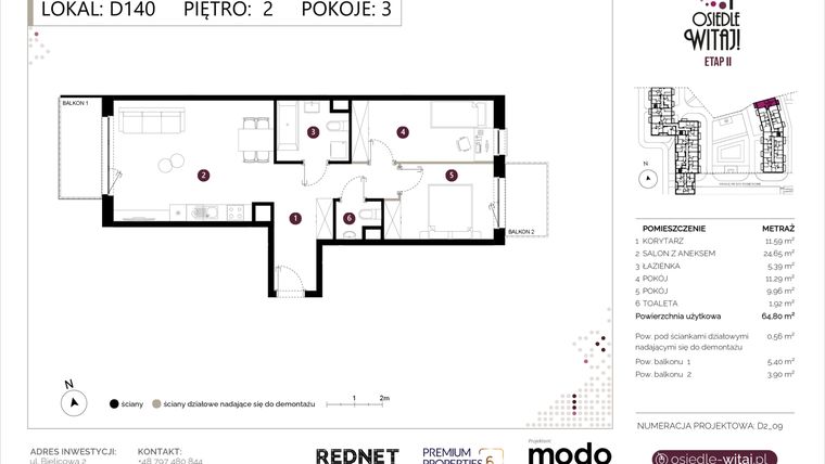Rzut - Mieszkanie na sprzedaż 3 pokoje o powierzchni 65,36 m² - numer D140 w Osiedle Witaj etap II