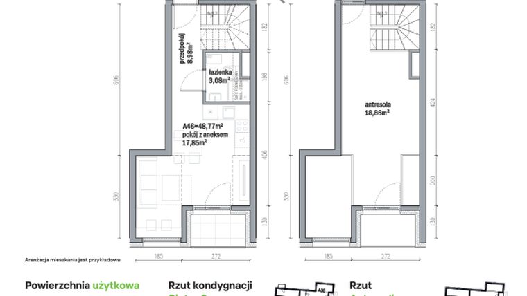 Rzut - Mieszkanie na sprzedaż 2 pokoje o powierzchni 48,77 m² - numer A46 w Traugutta Vita