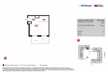 Rzut - Mieszkanie na sprzedaż 1 pokój o powierzchni 38,98 m² - numer D2G 248 w Modern Mokotów etap 4, budynek D1 i D2