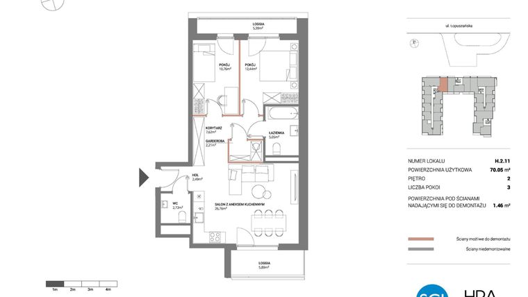 Rzut - Mieszkanie na sprzedaż 3 pokoje o powierzchni 70,05 m² - numer H.2.11 w Łopuszańska 47 - etap 3