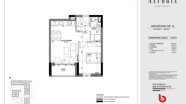 Rzut - Mieszkanie na sprzedaż 2 pokoje o powierzchni 44,48 m² - numer F.12 w Osiedle Naturia II