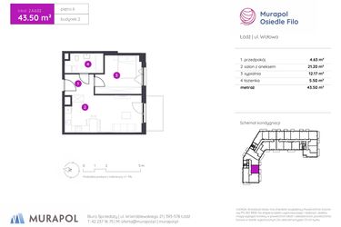 Rzut - Mieszkanie na sprzedaż 2 pokoje o powierzchni 43,5 m² - numer 2.A.6.02 w Murapol Osiedle Filo etap II