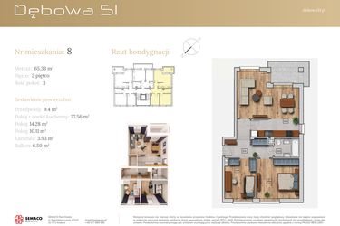 Rzut - Mieszkanie na sprzedaż 3 pokoje o powierzchni 65,28 m² - numer 51A.M8 w Dębowa 51
