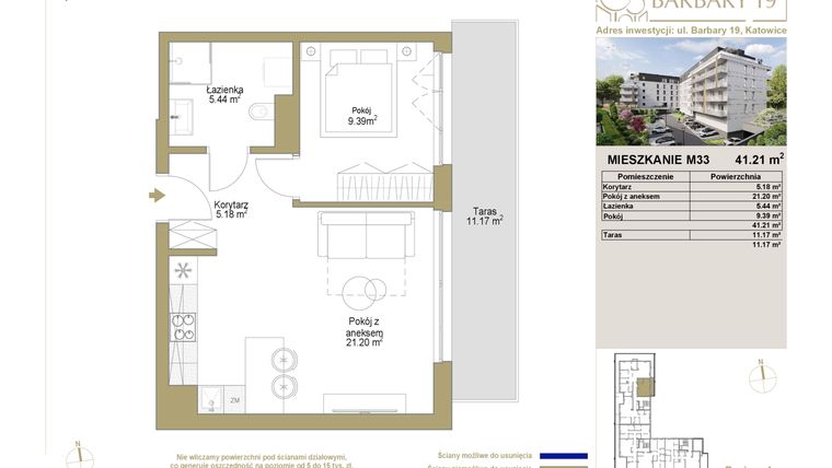 Rzut - Mieszkanie na sprzedaż 2 pokoje o powierzchni 41,21 m² - numer 33 w Barbary 19