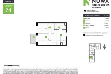 Rzut - Mieszkanie na sprzedaż 2 pokoje o powierzchni 40,83 m² - numer M74 w Nowa Częstochowa Mościckiego