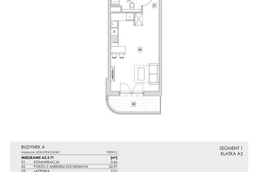 Rzut - Mieszkanie na sprzedaż 1 pokój o powierzchni 33,64 m² - numer A3.3.71 w Zakole Wisły