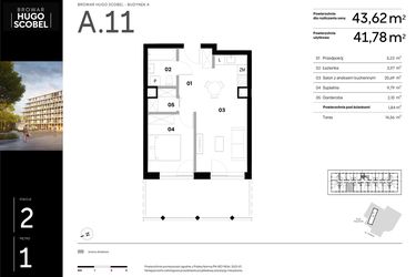 Rzut - Mieszkanie na sprzedaż 2 pokoje o powierzchni 43,62 m² - numer A.11 w Browar HUGO SCOBEL