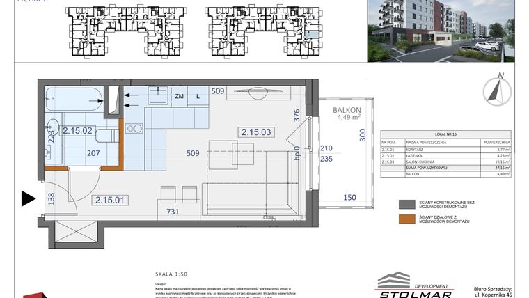 Rzut - Mieszkanie na sprzedaż 1 pokój o powierzchni 27,15 m² - numer 15 w Osiedle Zycha