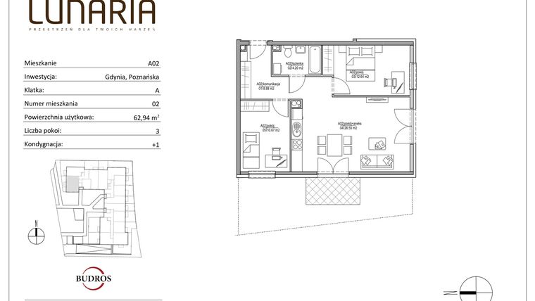 Rzut - Mieszkanie na sprzedaż 3 pokoje o powierzchni 62,94 m² - numer A02 w Lunaria