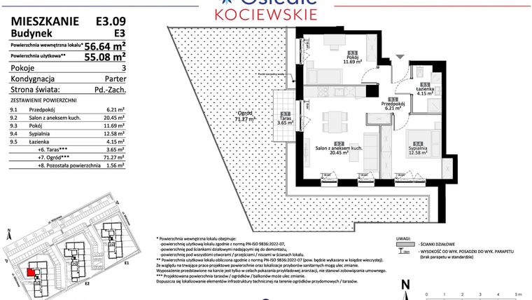 Rzut - Mieszkanie na sprzedaż 3 pokoje o powierzchni 55,08 m² - numer E3.09 w Osiedle Kociewskie bud. E