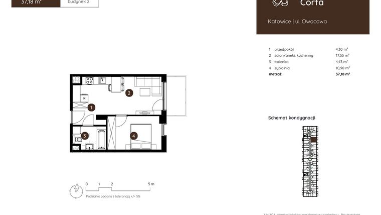 Rzut - Mieszkanie na sprzedaż 2 pokoje o powierzchni 37,18 m² - numer 2.A.1.04 w Murapol Corfa