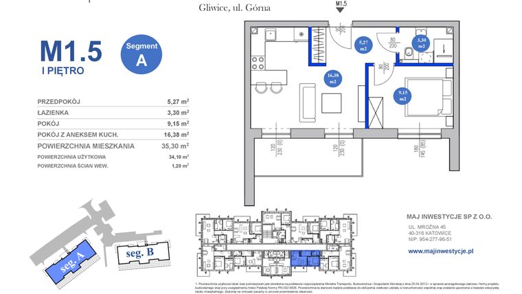 Rzut - Mieszkanie na sprzedaż 2 pokoje o powierzchni 34,1 m² - numer M1.5 w Osiedle Majowe 2.0 etap II