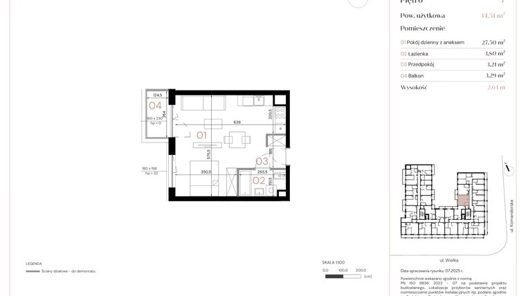 Rzut - Mieszkanie na sprzedaż 1 pokój o powierzchni 34,51 m² - numer B/3/01 w Wielka 16
