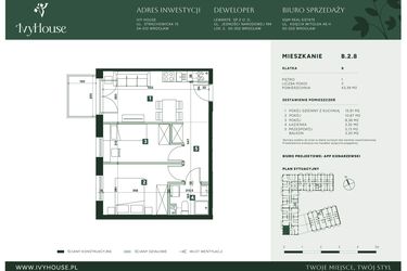 Rzut - Mieszkanie na sprzedaż 3 pokoje o powierzchni 43,39 m² - numer B.2.8 w IVY HOUSE