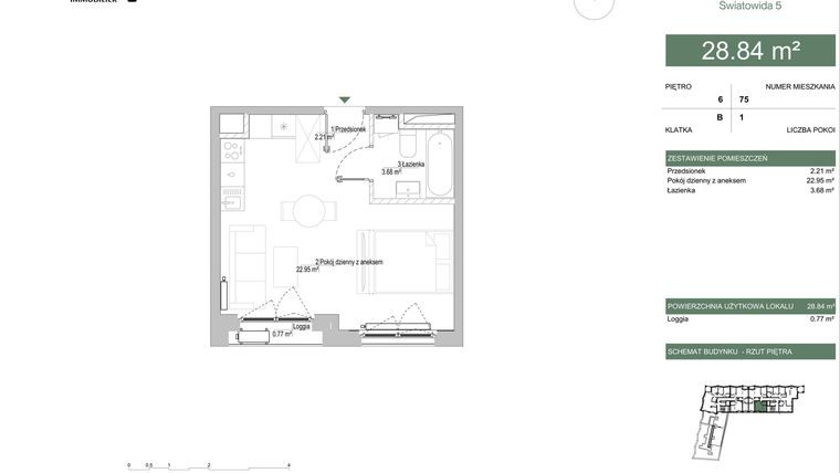 Rzut - Mieszkanie na sprzedaż 1 pokój o powierzchni 28,84 m² - numer B.06.01 w IKONA Światowida 5