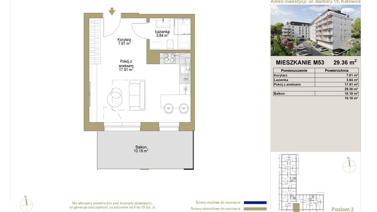 Rzut - Mieszkanie na sprzedaż 1 pokój o powierzchni 29,36 m² - numer 53 w Barbary 19