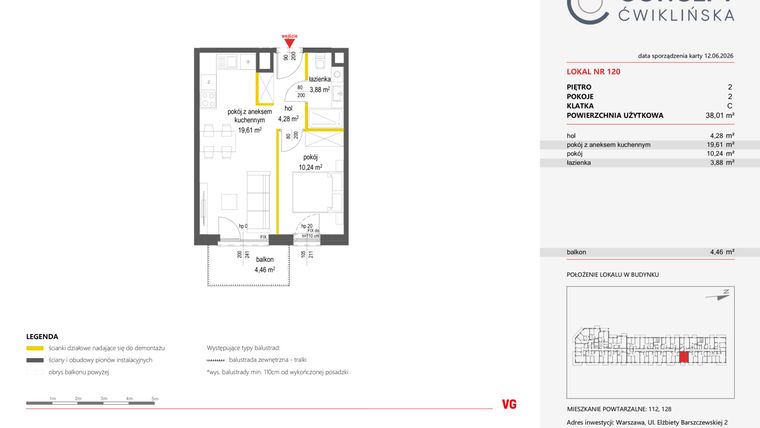 Rzut - Mieszkanie na sprzedaż 2 pokoje o powierzchni 38,03 m² - numer 120 w Concept Ćwiklińska