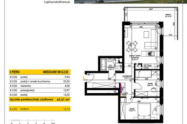 Rzut - Mieszkanie na sprzedaż 3 pokoje o powierzchni 63,6 m² - numer B 2.05 w Park Moniuszki II C