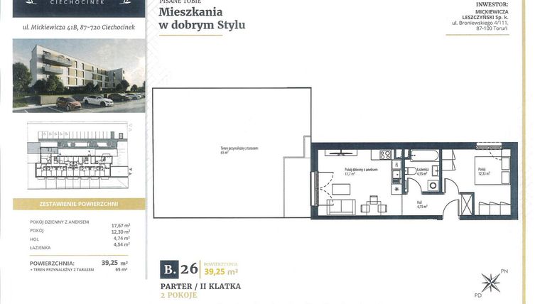 Rzut - Mieszkanie na sprzedaż 2 pokoje o powierzchni 39,25 m² - numer B26 w Mickiewicza