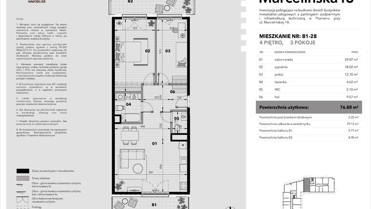 Rzut - Mieszkanie na sprzedaż 3 pokoje o powierzchni 76,88 m² - numer B1-28 w Marcelińska 18