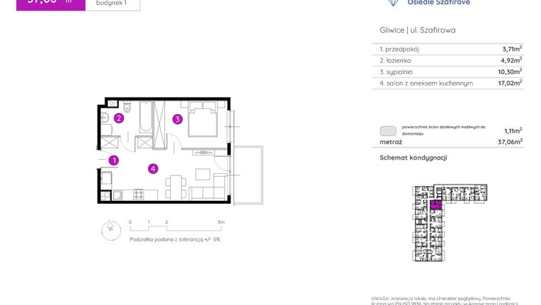 Rzut - Mieszkanie na sprzedaż 2 pokoje o powierzchni 37,06 m² - numer 1.A.1.01 w Murapol Osiedle Szafirove II