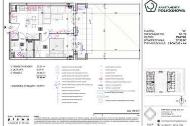 Rzut - Mieszkanie na sprzedaż 2 pokoje o powierzchni 37,3 m² - numer 13 w Apartamenty Poligonowa etap 5
