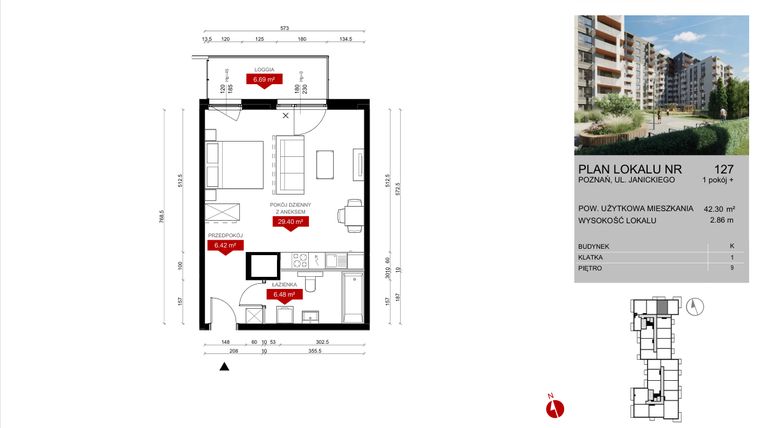 Rzut - Mieszkanie na sprzedaż 1 pokój o powierzchni 42,3 m² - numer K.127 w Wieża Jeżyce etap V