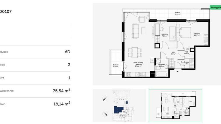 Rzut - Mieszkanie na sprzedaż 3 pokoje o powierzchni 75,54 m² - numer 6D0107 w Jaśminowy Mokotów etap VI