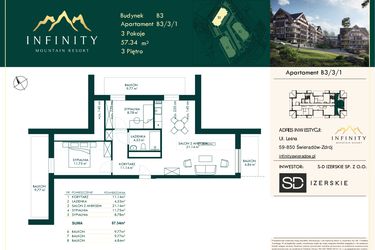 Rzut - Mieszkanie na sprzedaż 3 pokoje o powierzchni 57,34 m² - numer B3.3.1 w Infinity Mountain Resort