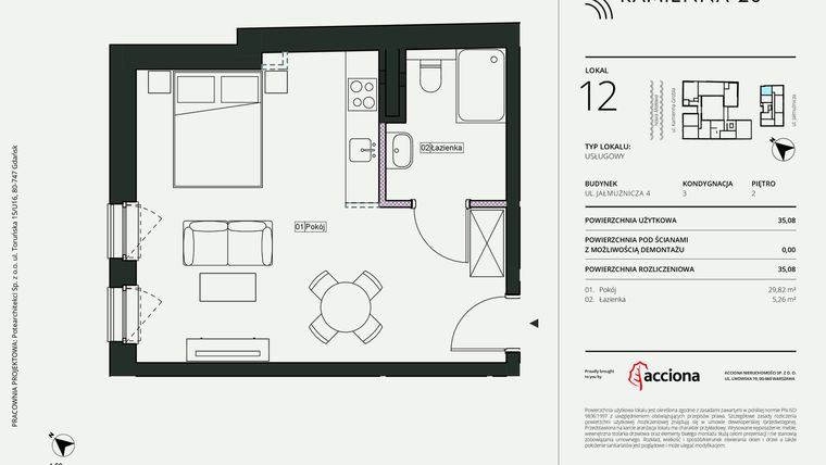 Rzut - Mieszkanie na sprzedaż 1 pokój o powierzchni 35,08 m² - numer 4.12 w Kamienna 28 - apartamenty inwestycyjne