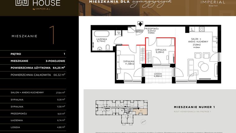 Rzut - Mieszkanie na sprzedaż 3 pokoje o powierzchni 64,28 m² - numer 1 w Kobi HOUSE