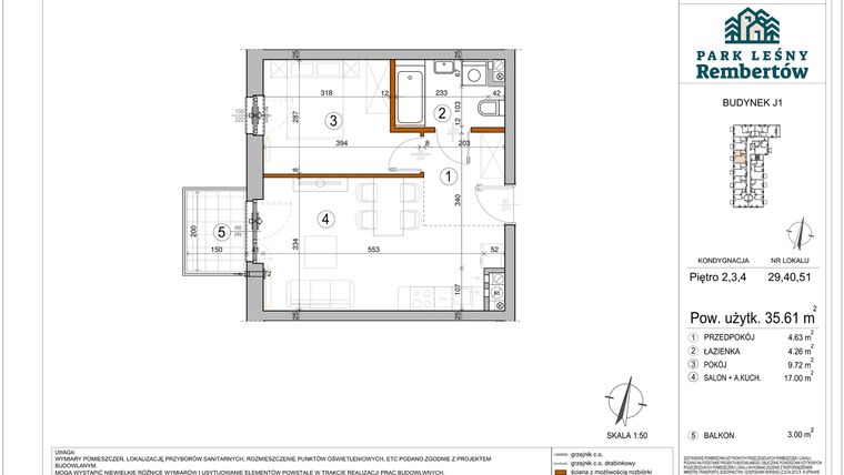 Rzut - Mieszkanie na sprzedaż 2 pokoje o powierzchni 35,61 m² - numer J1-29 w Park Leśny Rembertów etap VIII