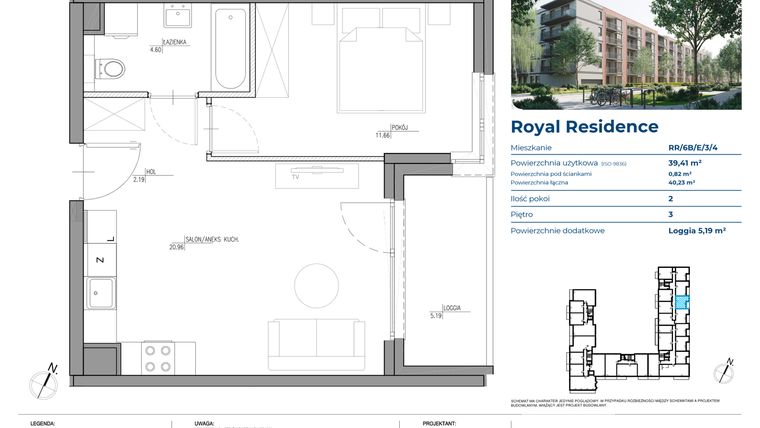 Rzut - Mieszkanie na sprzedaż 2 pokoje o powierzchni 39,46 m² - numer RR/6B/E/3/4 w Royal Residence 6B
