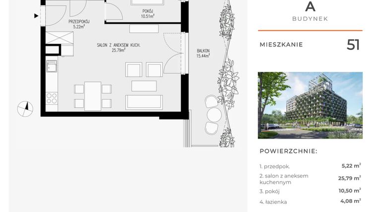 Rzut - Mieszkanie na sprzedaż 2 pokoje o powierzchni 45,59 m² - numer 51 w Semiramis