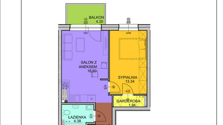Rzut - Mieszkanie na sprzedaż 2 pokoje o powierzchni 43,92 m² - numer D30 w Osiedle Zuchów