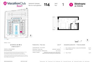 Rzut - Mieszkanie na sprzedaż 1 pokój o powierzchni 22,8 m² - numer 114 w VacationClub Resort