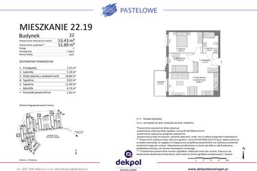 Rzut - Mieszkanie na sprzedaż 3 pokoje o powierzchni 51,89 m² - numer 22.19 w Osiedle Pastelowe etap IV