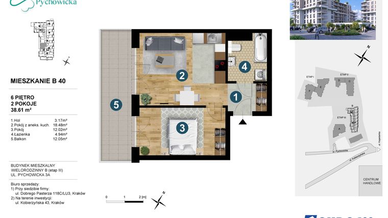 Rzut - Mieszkanie na sprzedaż 2 pokoje o powierzchni 38,61 m² - numer B40 w Kapelanka-Pychowicka Etap III