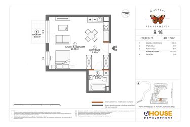 Rzut - Mieszkanie na sprzedaż 1 pokój o powierzchni 40,67 m² - numer B16 w Apartamenty Rusałki
