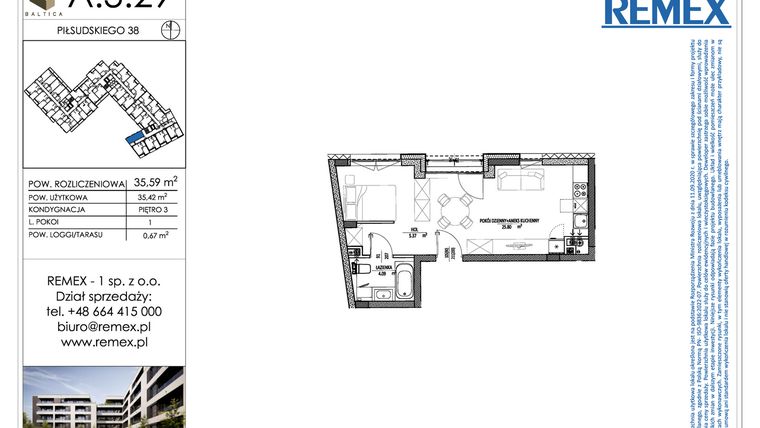 Rzut - Mieszkanie na sprzedaż 1 pokój o powierzchni 35,57 m² - numer A.3.29 w Osiedle BALTICA