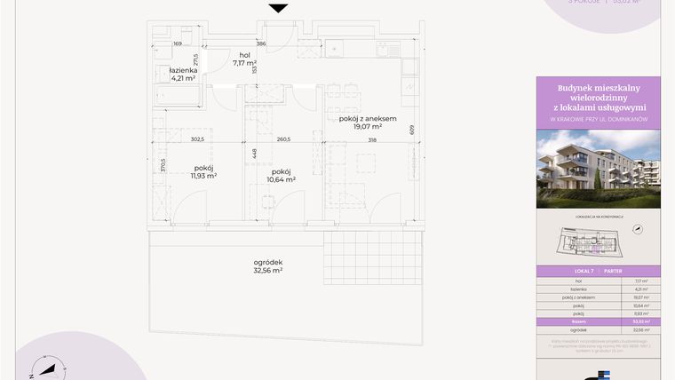 Rzut - Mieszkanie na sprzedaż 3 pokoje o powierzchni 53,03 m² - numer M7 w Dominikanów